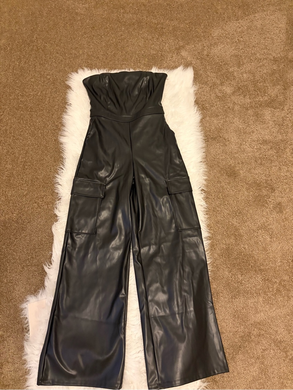 Black Strapless Faux Leather Cargo Jumpsuit